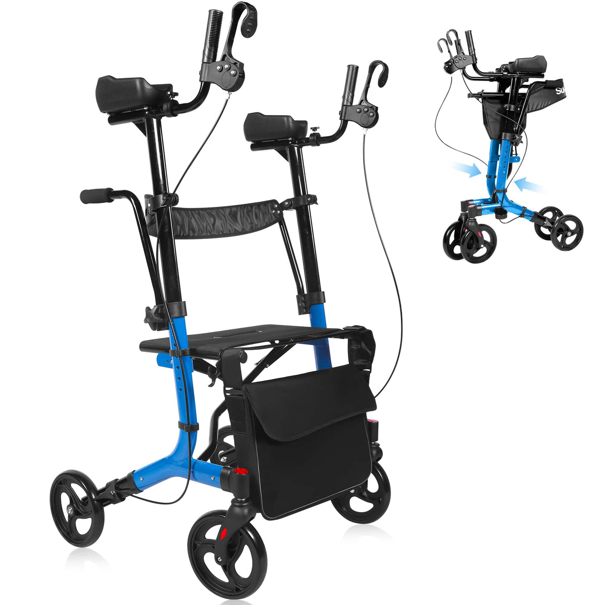 Hover Heart - Heavy Duty Upright Walker 450LBS All Terrain Foldable Mobility Aid with Seat Adjustable Height 9" Air Tires - Blue