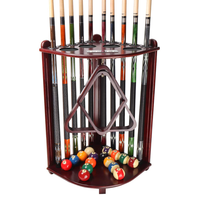 Front. GSE Games & Sports Expert - Wood 10 Corner Style Pool Cue Rack with Score Counter, Metal Hook, and Drink Holders - Mahogany - Mahogany.