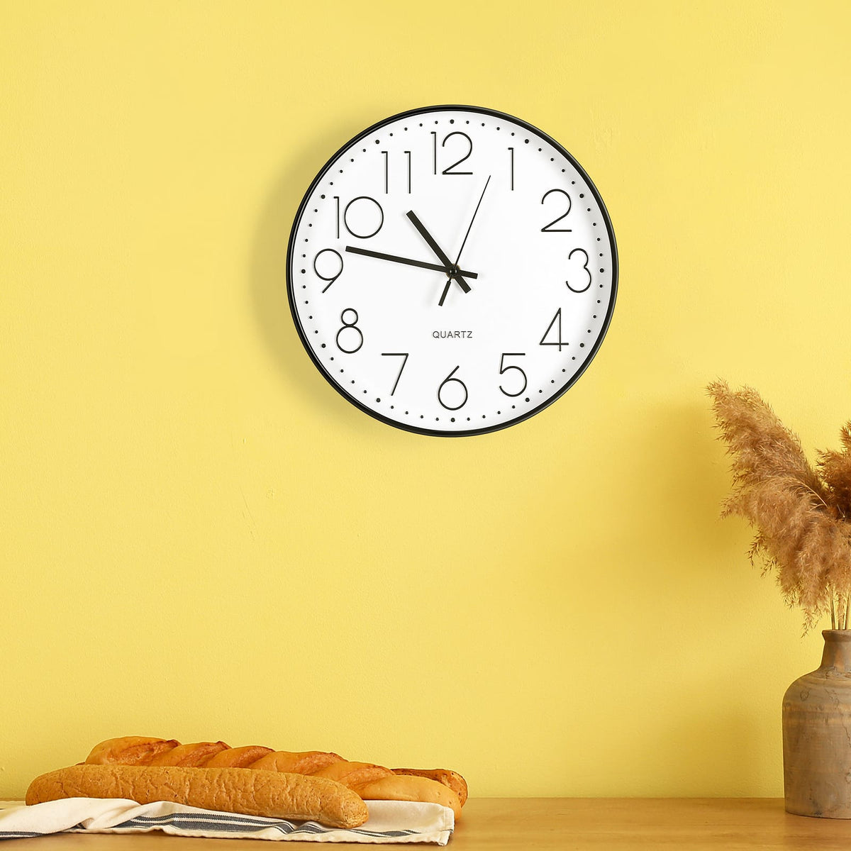 Oumilen - 11.5 Round Wall Clock, Silent Non-Ticking Quartz Wall Clock with Arabic Numerals for Home Kitchen Office - Black