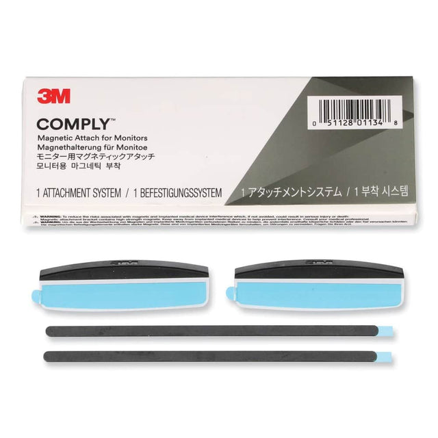 3M COMPLY™  
Magnetic Attach for Monitors  
Magnetehalterung für Monitore  
モニター用マグネットアタッチ  
모니터용 마그네트 부착  

1 ATTACHMENT SYSTEM / 1 BEFESTIGUNGSSYSTEM  
1 애타치먼트 시스템 / 1 부착 시스템  

WARNING: To reduce the risk associated with magnets and implanted medical devices interference, which it not avoided, could result in serious injury or death.  
WAARING: Let die weerschuwings van de magneten en geïmplanteerde medische apparatuur worden vermeden.  
ADVERTENCIA: Evite el riesgo de interacción con imanes y dispositiv