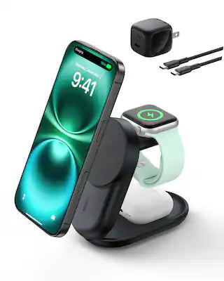 Belkin - 3-in-1 Foldable Magnetic Charging Stand, 25W Qi2, MagSafe compatible, charge iPhone, compact travel-friendly design