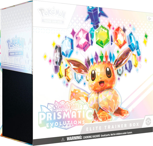 PokeMon Trading Card Game 6+ Scarlet Violet Prismatic Evolutions Trainer Box Elite Trainer Box is a product designed for children under 3 years old. It contains small parts that may pose a choking hazard, so it is not recommended for children under 3 years of age. The box is intended for use by children, but it is essential to supervise them while playing to ensure their safety.