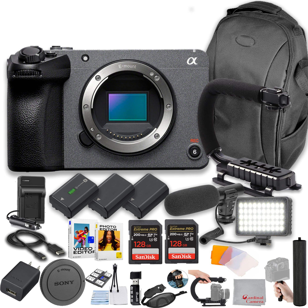 Bundle - Sony - FX30 Super 35, 26MP Cinema Line Camera + 256GB Memory + Microphone + LED Video Light + Spare Batteries + U-Grip + H - Black