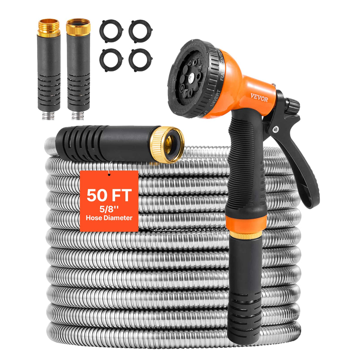 VEVOR - Metal Garden Hose 50 ft, Rust Proof Water Hose, Heavy Duty Backyard Hose with 10 Function Nozzle - Stainless Steel