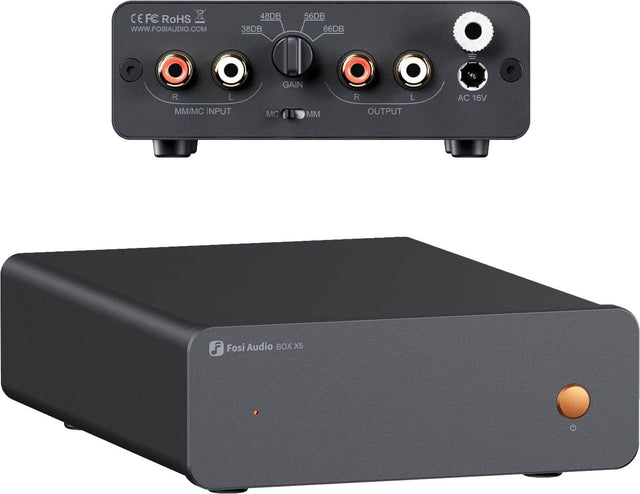 CE FC RoHS  
www.FOSIAUDIO.COM  
48DB 38DB 56DB 66DB  
R L  
MM/MC INPUT GAIN MC MM R L OUTPUT  
AC 16V  
Fosi Audio BOX X5