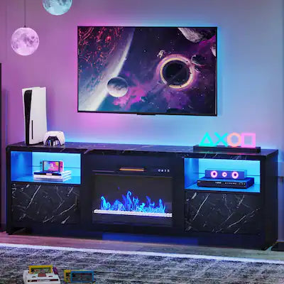 Bestier - 70 inch Gaming TV Stand with 23" Fireplace & RGB Lights, for 75" TVs, for Living Room