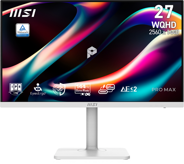 MSI - TÜV Rheinland CERTIFIED  
27 WQHD 2560 x 1440  
- IPS 178°  
+ EyesErgo+  
144Hz Game Ready  
65w ΔE<2  
PRO MAX