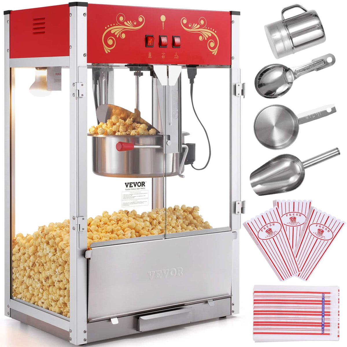 VEVOR - Popcorn Maker, 1615W Popcorn Popper Machine, 16 Oz Kettle Large Capacity Countertop Popcorn Maker with Tempered Glass - Red