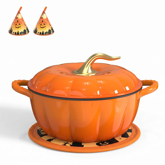 Front. Winado - 7.5 QT Pumpkin Shaped Cast Iron Dutch Oven with Lid, Matching Halloween Fabric Pot Mat, Oven Mitts for Cooking, Braising - Orange & Gold.