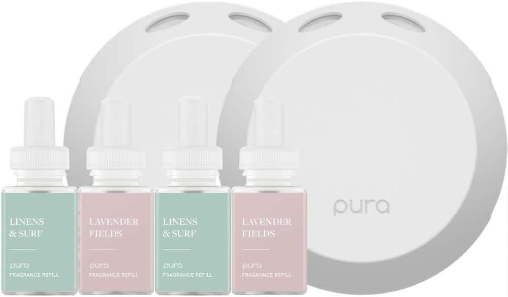 Pura - 4 Smart Fragrance Device Starter Set, Scent Diffuser for Home, Includes 2 Fragrance Aroma Diffuser & 4 Refills - Linens & Surf & Lavender Fields