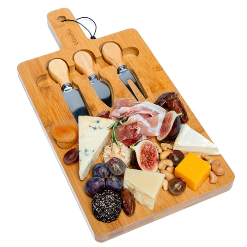 Front. BlauKe - Bamboo Cheese Board and Knife Set - 12x8 inch Charcuterie Board with Magnetic Cutlery Storage - Wood Serving Tray - Beige.