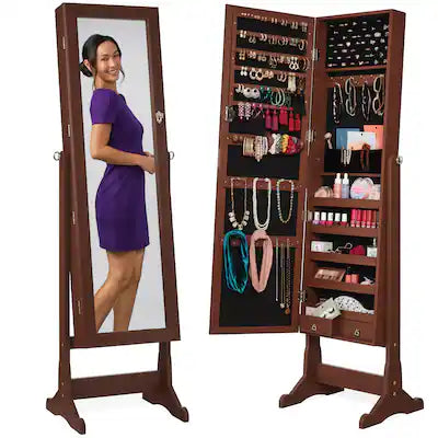 Best Choice Products - Jewelry Armoire Cabinet, Full Length Mirror w/ Velvet Storage Interior, Lock