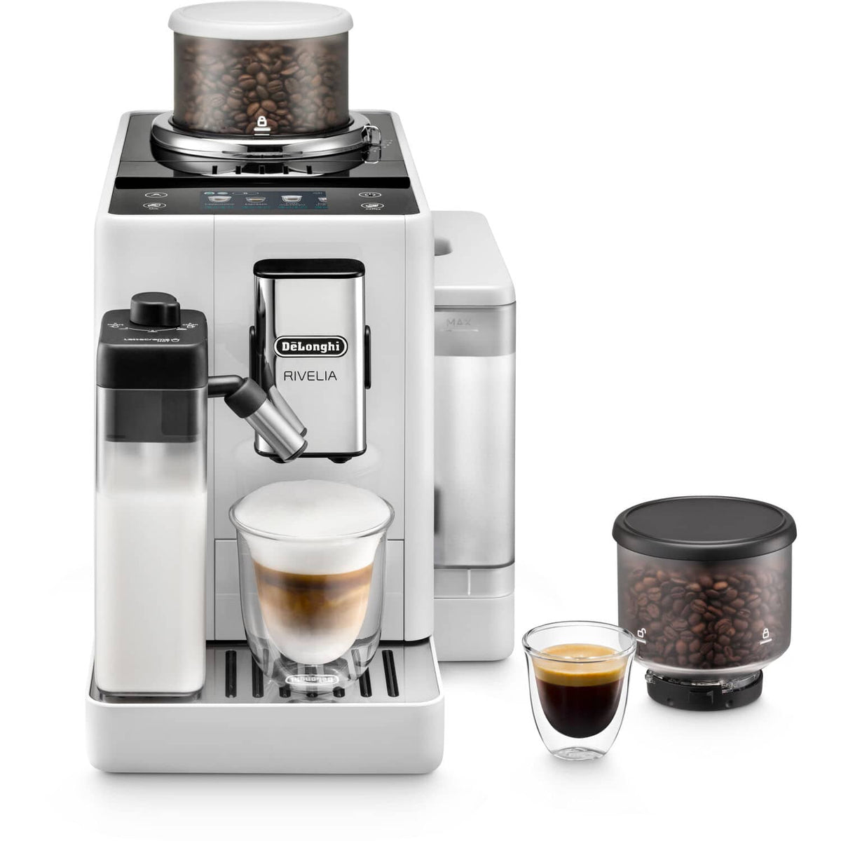 De'Longhi - Rivelia Fully Automatic Espresso Machine, Integrated Grinder, 2 Removable Bean Hoppers, Automatic Milk Frother - Arctic White