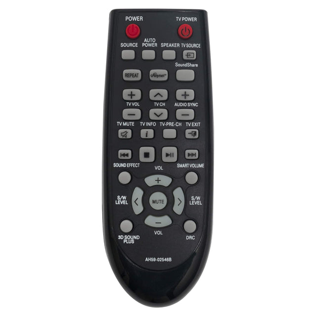 - POWER
- AUTO POWER
- SOURCE
- SPEAKER TV SOURCE
- SoundShare
- Ahynet*
- REPEAT
- TV VOL
- TV CH
- TV MUTE
- TV INFO
- TV-PRE-CH
- TV EXIT
- TV POWER
- AUDIO SYNC
- SOUND EFFECT
- VOL
- SMART VOLUME
- S/W LEVEL
- MUTE
- S/W LEVEL
- 3D SOUND PLUS
- VOL
- DRC
- AH59-02546B