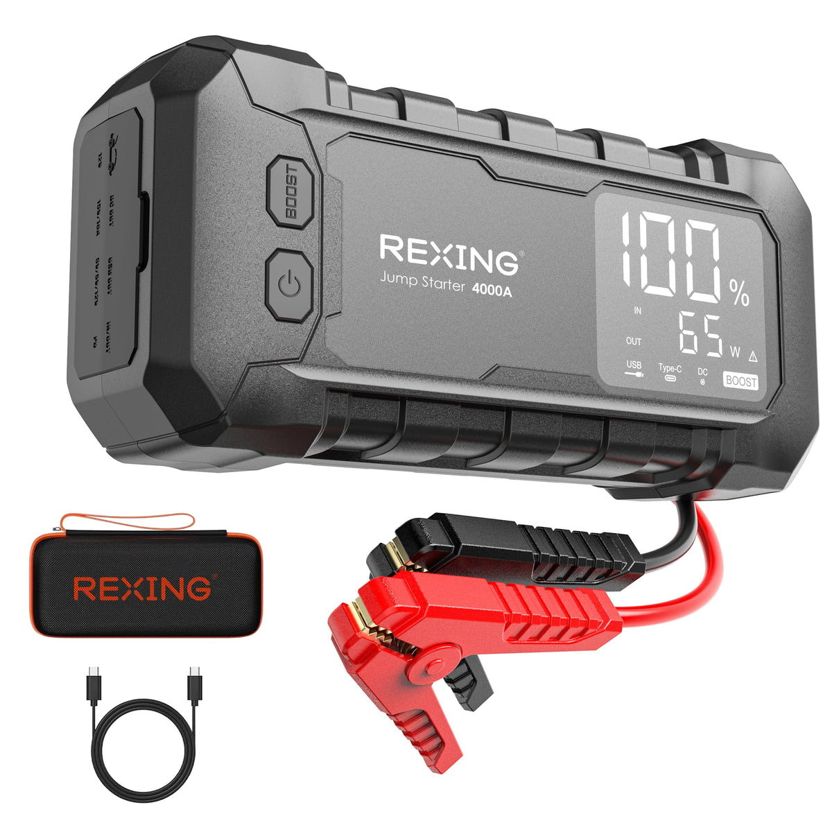 Rexing - 4000A Jump Starter, 12V Car Battery Booster with 65W Quick Charger