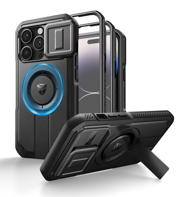 Front. Dexnor - for iPhone 14 Pro Case with Camera Cover & Adjustable Kickstand & Screen Protector Magnetic Cover - Black.