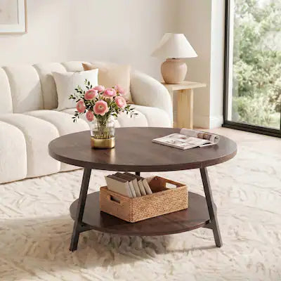 Aheaplus - 29.5'' Round Coffee Table with Storage, 2-Tier Small Modern Coffee Table for Living Room