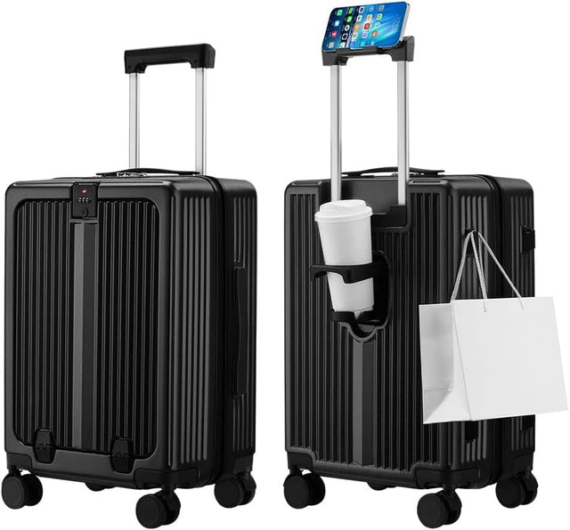 Front. Quick Deer - 20-Inch Front Opening Carry On Luggage with USB & Type-C Ports, Cup Holder, Airline Approved - Black.