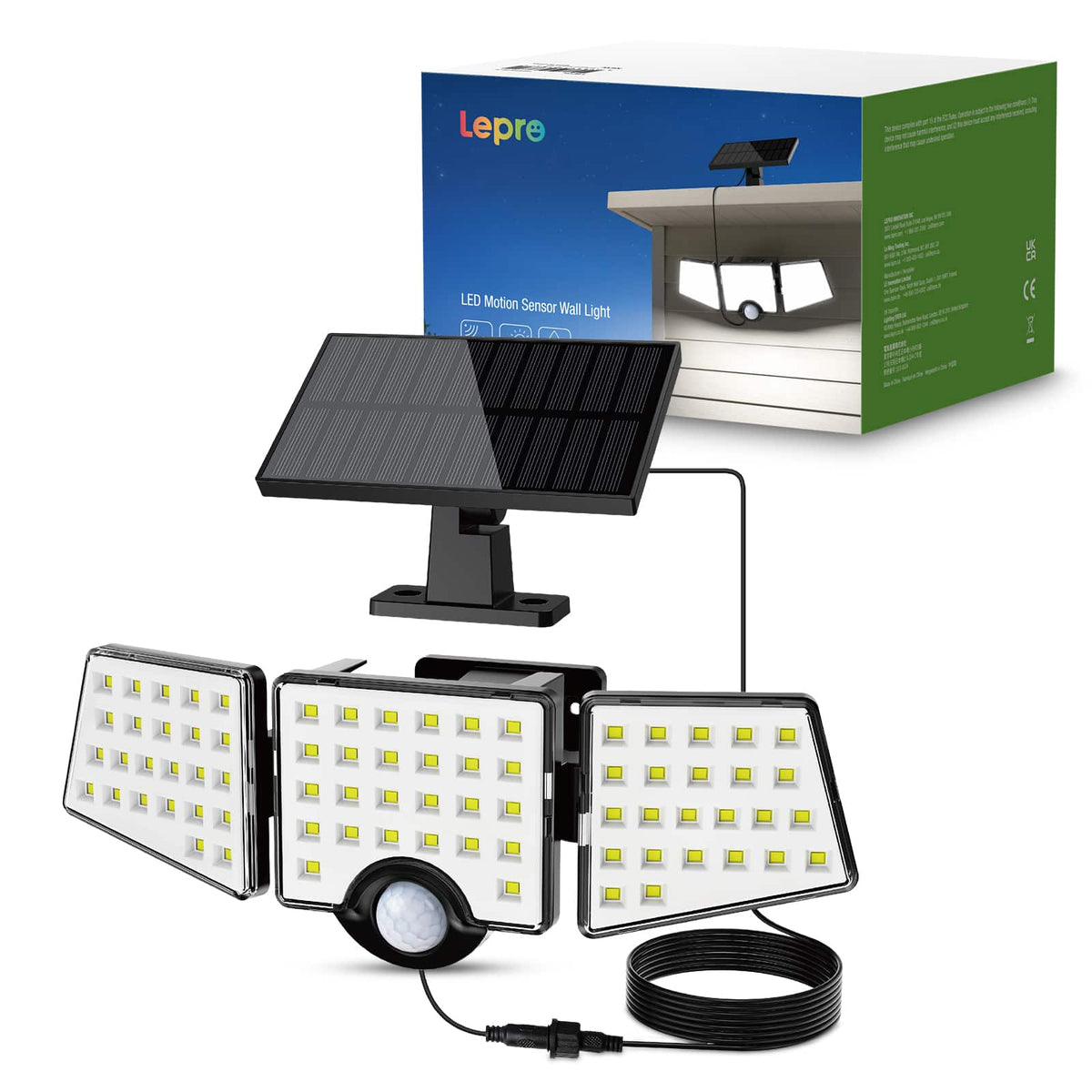 Lepro - 1000LM Solar Motion Sensor Flood Light, 6500K Daylight White, Auto ON/Off, Separate Solar Panel, Adjustable Heads