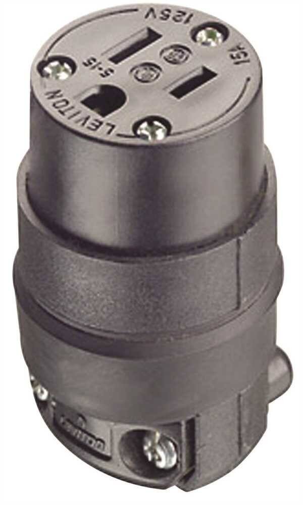 Leviton - Commercial Rubber Ground/Straight Blade Connector 5-15R 18-12 AWG 2 Pole 3 Wire - Black