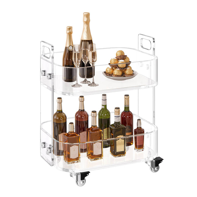 Front. VEVOR - Acrylic Table with Wheels, 2 Tiers Mobile Cart Table, Modern Rolling Acrylic Storage Desk, Clear Nightstand Side End - Colorless and transparent.