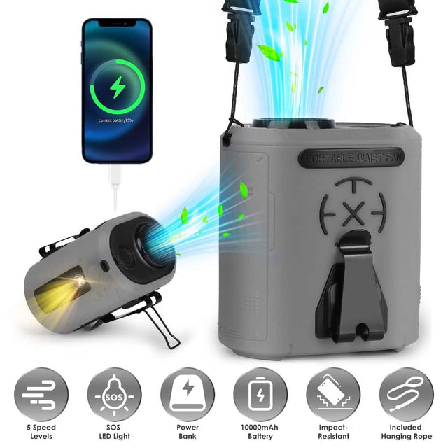 current battery 75% PORTABLE WAIST FAN 5 Speed Levels SOS LED Light Power Bank 10000mAh Battery Impact-Resistant Included Hanging Rope