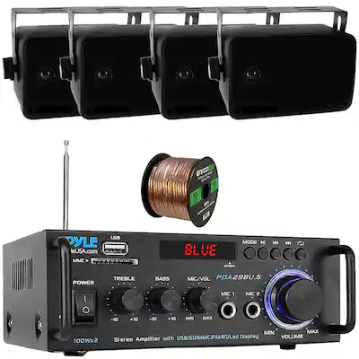 Pyle - PDA29BU.6 Bluetooth USB/SD/FM Stereo Home Receiver, 4x 3.5'' 200W 3-Way Indoor/Outdoor Speakers w/Wire