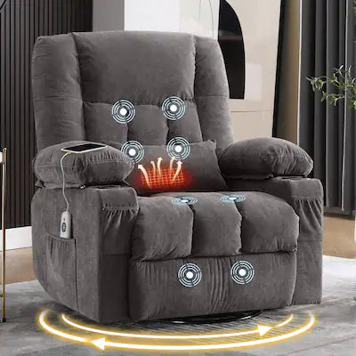 Anysun - Massage Swivel Rocker Recliner with Heat - Ergonomic Lounge Chair, Side Pocket, 2 Cup Holders & USB Port