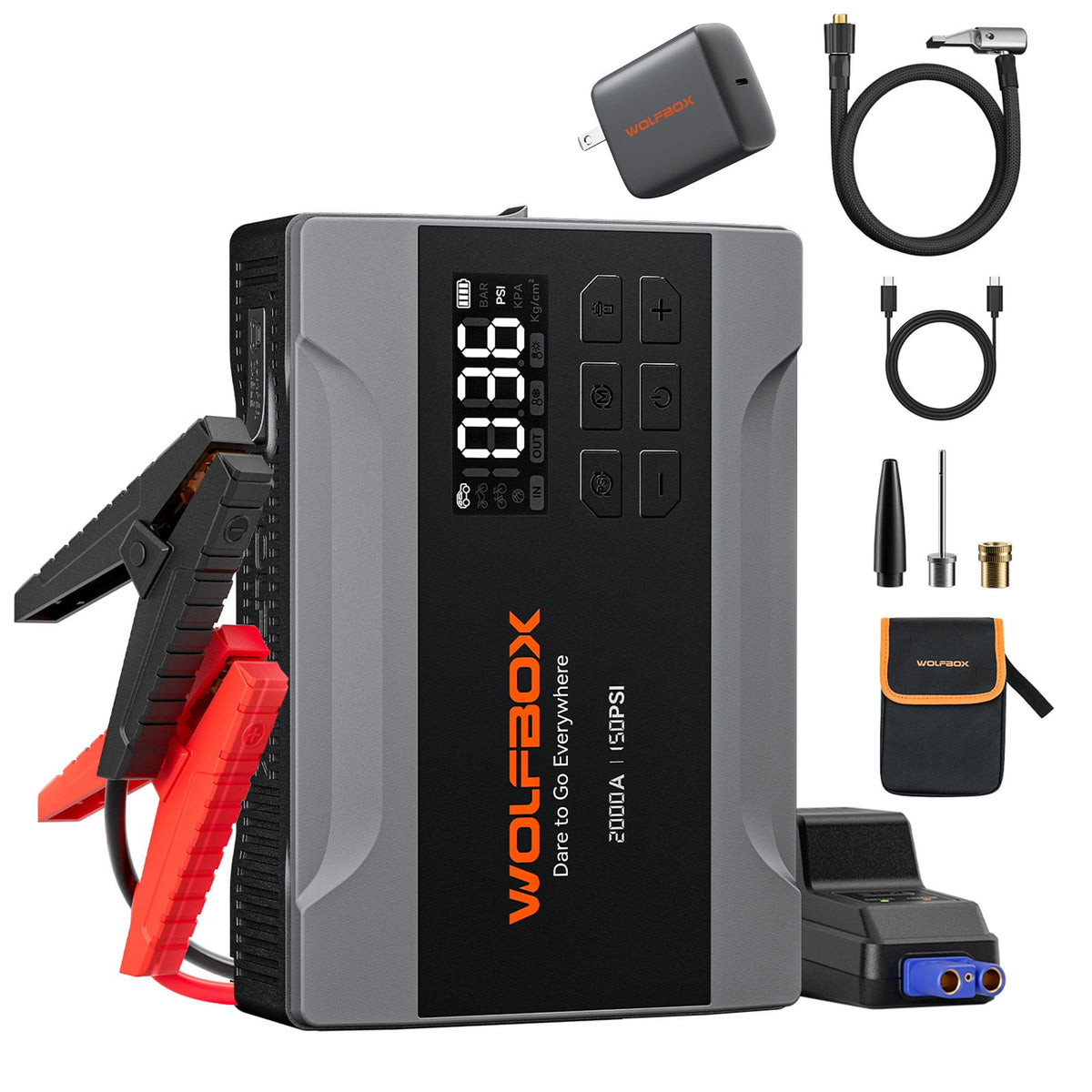 WOLFBOX - 2000A Jump Starter with Air Compressor (up to 5L Gas & 3L Diesel Engine), 12V Jump Box with 150PSI Tire Pump