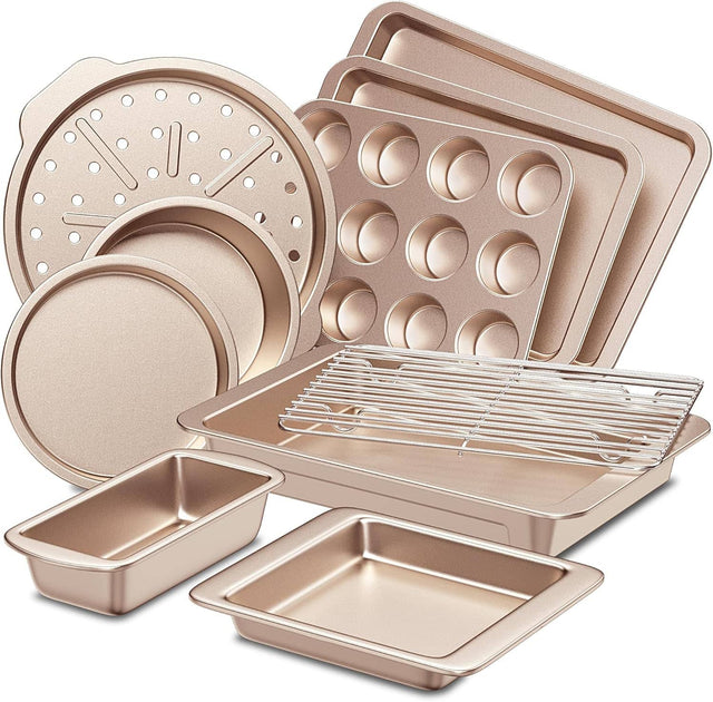 Front. HONGBAKE - 10 Pieces Bakeware Sets Including Rack, Cookie Sheet, Cake Pans, Loaf Pan, Muffin Pan, Pizza Pan - Champagne Gold.