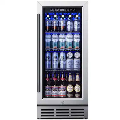 SIMZLIFE - 130 Can Beverage Cooler - 15 Inch Under Counter Built-in Fridge, 3.2 Cu. Ft Cooler with Glass Door Design for Soda/Wine