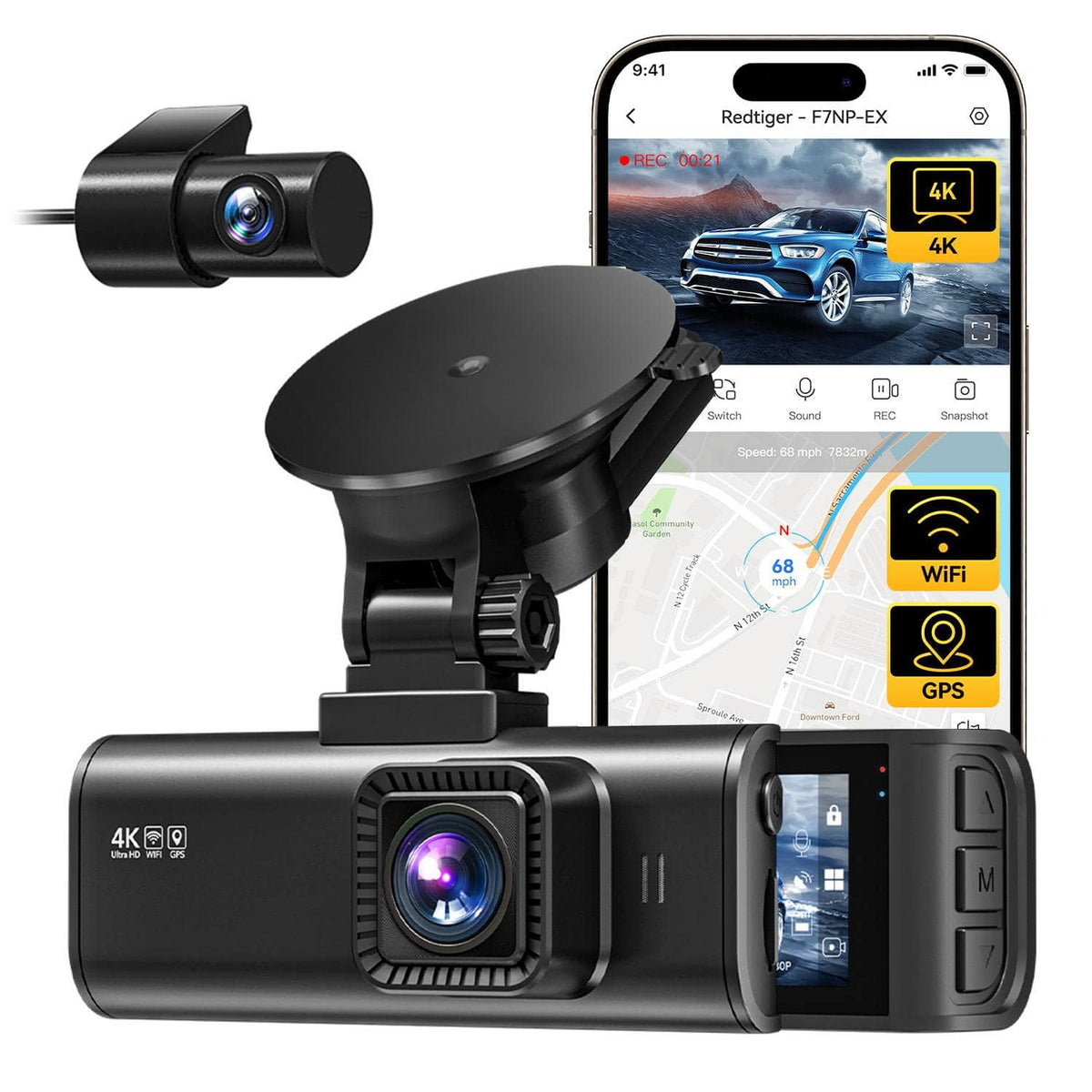 REDTIGER - 4K/2.5K HD Dash Cam, WDR, Night Vision, GPS, 5.8GHz WiFi - Black