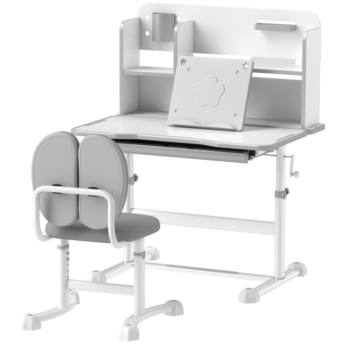 Qaba - Adjustable Kids Desk and Chair Set for Writing Drawing w/ Tilt Desktop - Gray