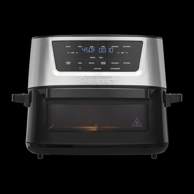 A Cuisinart toaster oven is shown with the temperature set at 450 degrees Fahrenheit. The oven is black and silver, and it has a digital display.