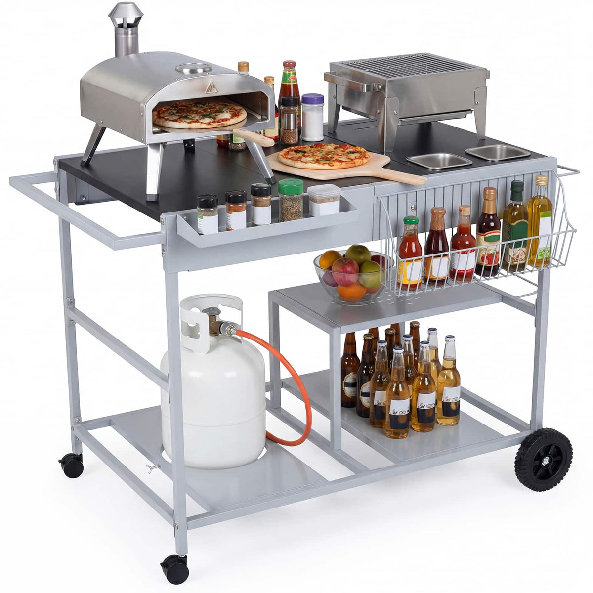 Gymax - Pizza Oven Cart w/Topping Station 2 Spice Containers Wheels & Storage Racks - Black