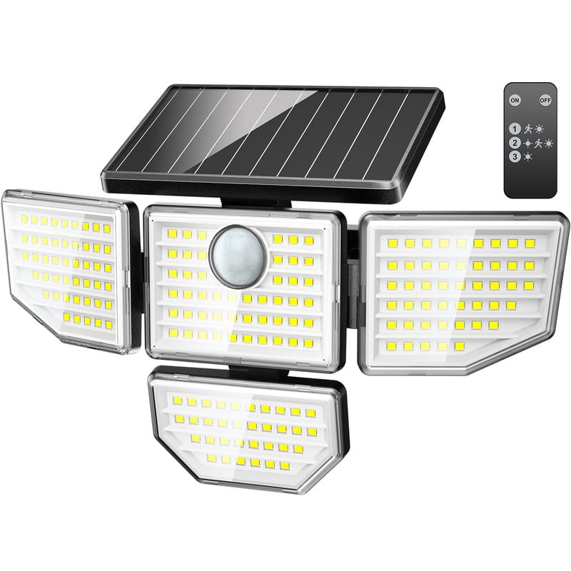 Adewalk - Upgraded 3000LM 188 LED 4 Head Solar Light Motion Sensor IP65 Waterproof Security Lamp for Yard Backyard Use - White