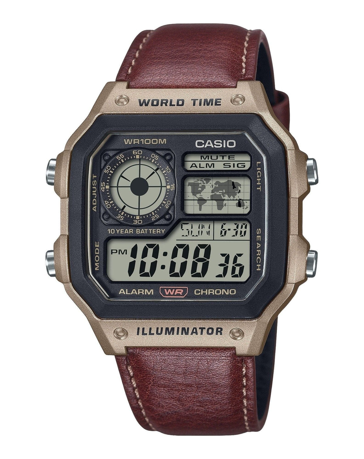 Casio - Standard Digital World Time Leather Strap Quartz AE-1200WHL-5AV 100M Men's Watch - Gray