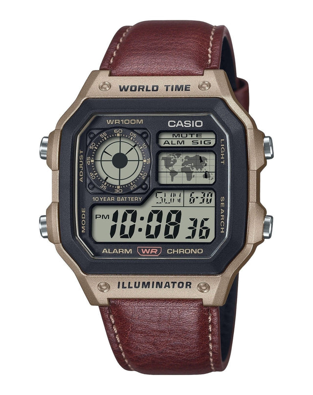 WORLD TIME  
ADJUST MODE  
WR100M  
CASIO  
MUTE ALM SIG  
LIGHT  
10 YEAR BATTERY  
SEARCH  
ALARM  
WR  
CHRONO  
ILLUMINATOR