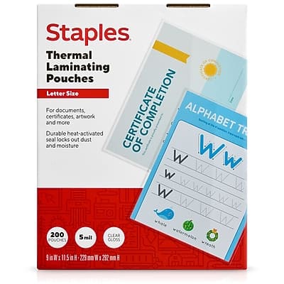 Staples  
Thermal Laminating Pouches  
Letter Size  

For documents, certificates, artwork, and more  

Durable heat-activated seal locks out dust and moisture  

200 Pouches  
5 mil  
Clear Gloss  

9 in x 11.5 in  
229 mm x 292 mm  

Certificate Completion  
Alphabet Tracing  

Watermelon Wreath  
Whale