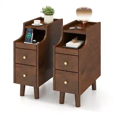 Gymax - 2PCS Solid Wood End Table w/Pull-out Tray & 2 Storage Drawers Cable Management