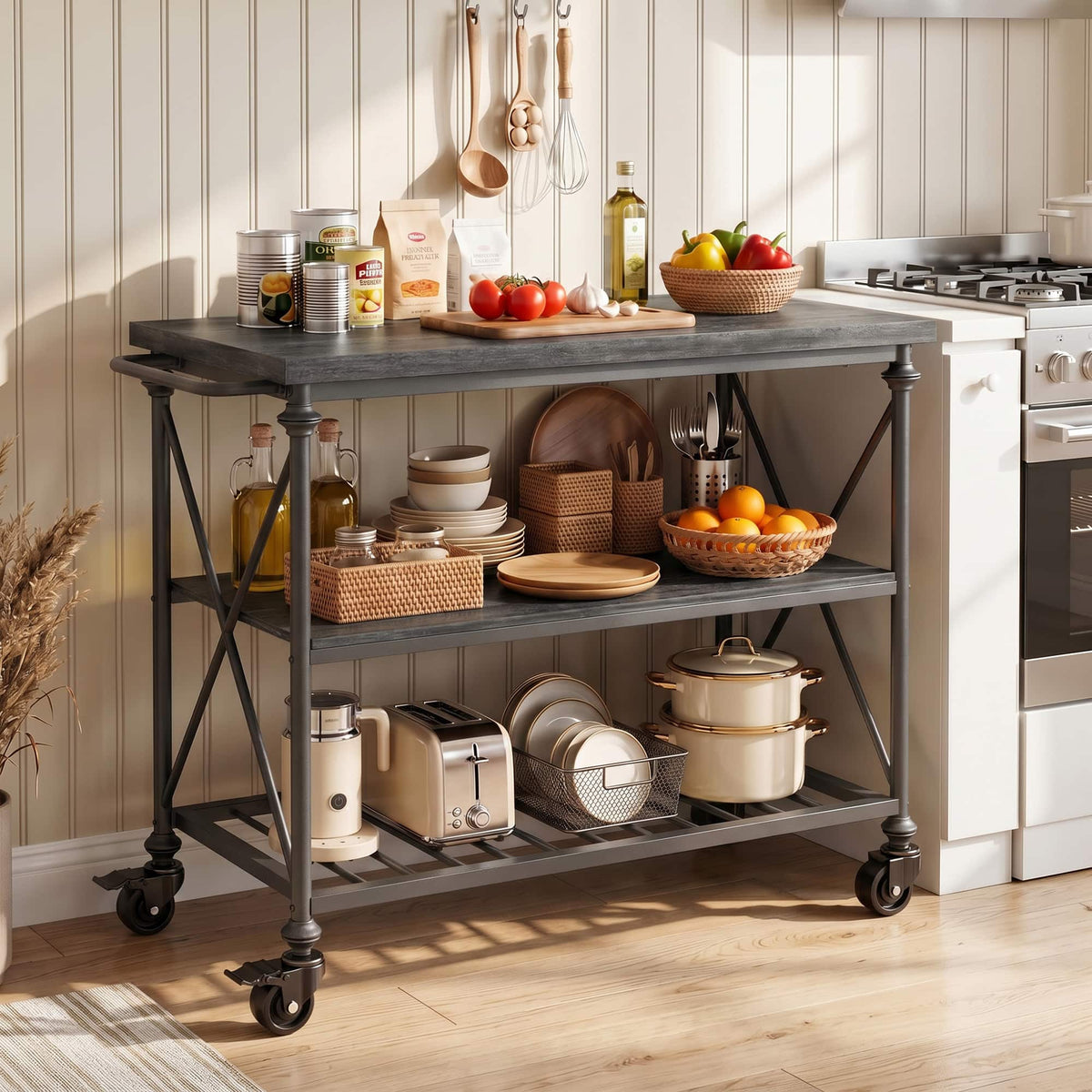 Aheaplus - 3-Tier Wooden & Metal Rolling Kitchen Cart with Pipe-Leg Design, Lockable Wheels & Storage Shelves for Kitchen & Dining - Gray Oak