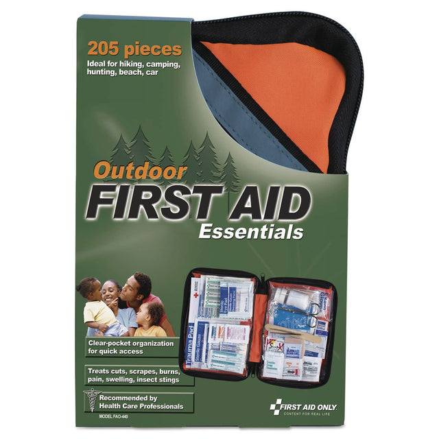 205 pieces  
Ideal for hiking, camping, hunting, beach, car  

Outdoor FIRST AID Essentials  

Clear-pocket organization for quick access  

Treats cuts, scrapes, burns, pain, swelling, insect stings  

Recommended by Health Care Professionals  

MODEL LFAO-440  

FIRST AID ONLY  
CONTENT FOR REAL LIFE