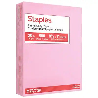Staples - Pastel 30% Recycled Color Copy Paper, 20 lbs., 8.5" x 11", 500 Sheets/Ream