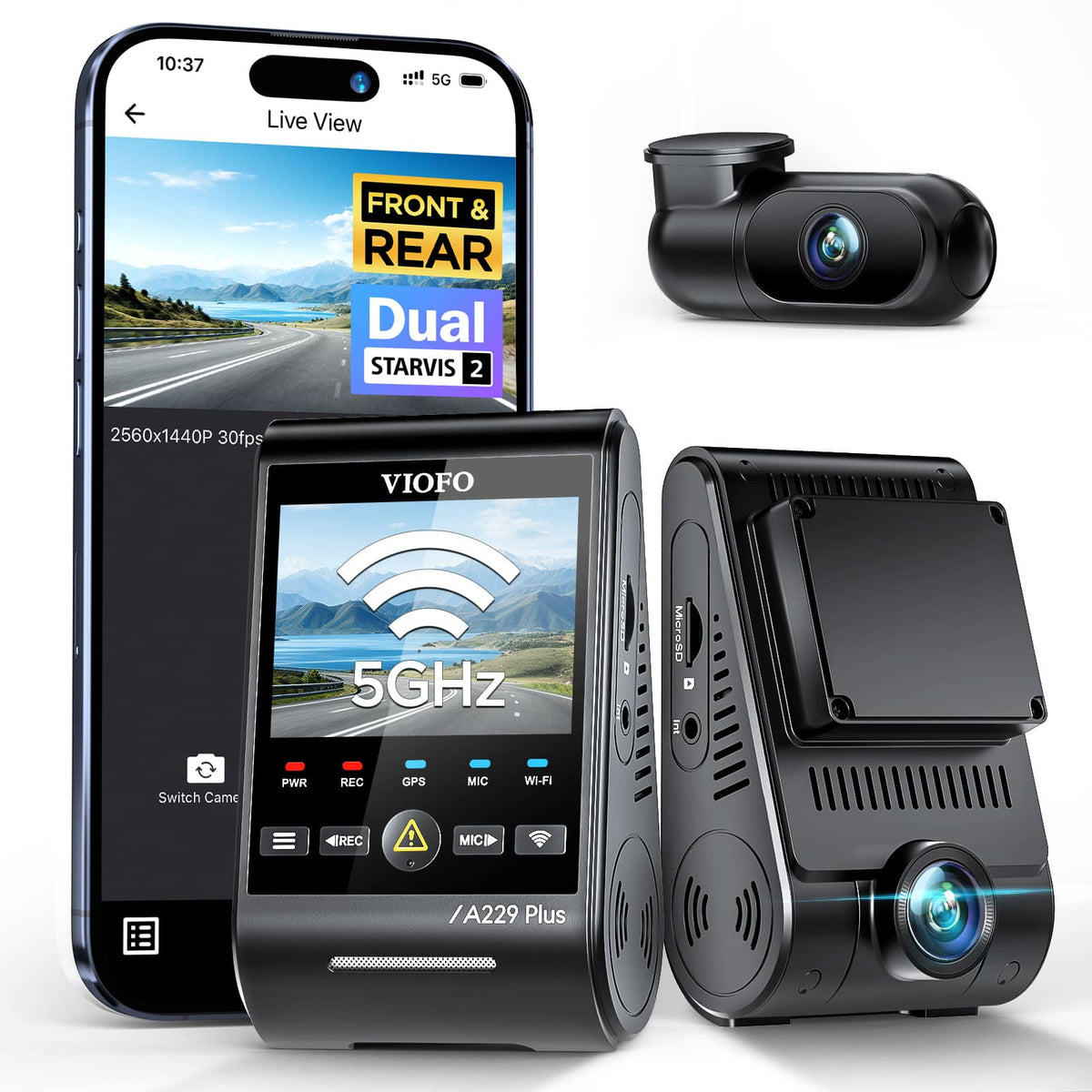 VIOFO - A229 Plus Dash Cam Front and Rear, Dual STARVIS 2 Sensors, 2 Channel HDR, 1440P+1440P Voice Control Dashcam - Black