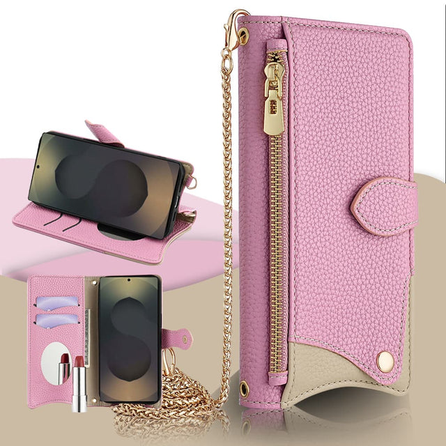 Front. Dteck - Crossbody Wallet Case for Google Pixel 10 Pro XL, Elegant Zipper PU Leather Folio Stand Cover, Built-in Mini Mirror - Pink.
