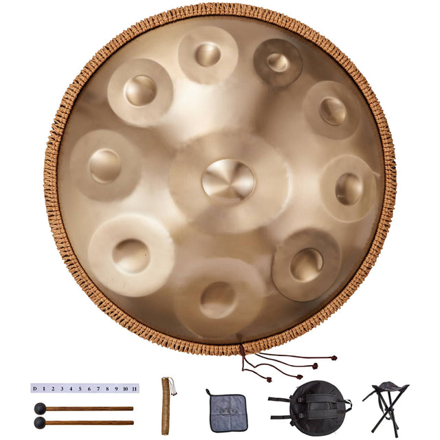 Front. VEVOR - Handpan Drum, 22 in & 10 Notes, D Minor Hand Drum, Hand Pan Drum Instrument with Mallets, 432Hz Handpan Stand &Carry Bag - Golden.
