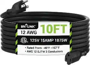 BN-LINK - 10 ft Outdoor Extension Cord 12/3 SJTW, Heavy Duty, 3-Prong Grounded, 15A, 1875W, ETL