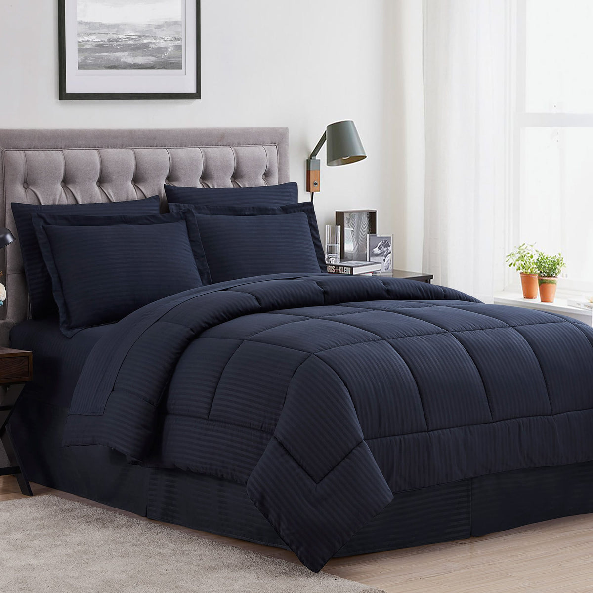 Sweet Home Collection - 6 Piece Embossed Dobby Stripe Bed in a Bag All Season Complete Set with Sheets - Twin - Navy