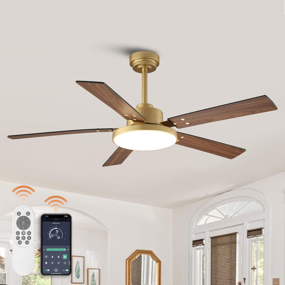 Vaczon - 52" Modern 6 Speed DC Motor Smart Ceiling Fan with Light and Remote and App Control, Reversible Blades - Gold