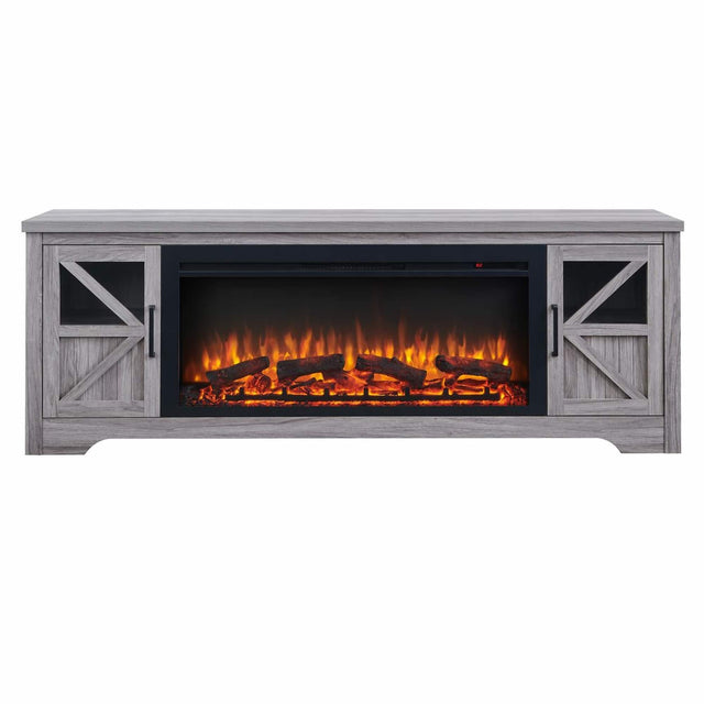 Front. RYHNUYNE - 75" Fireplace TV Stand for TVs up to 80" with 44" Electric Fireplace – Log Flame Effect, Remote Control & Touch Display - Gray Wash.